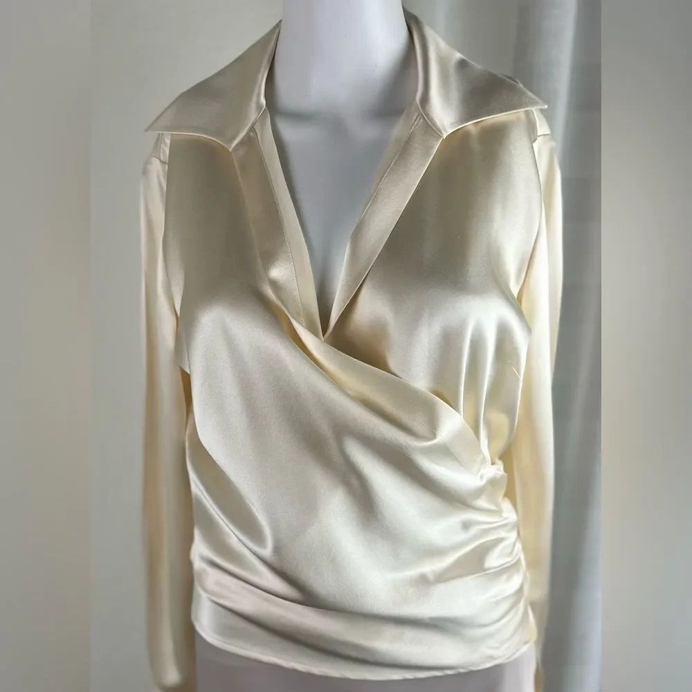 Lafayette 148 New York Cream Silky Wrap Top - Picture 3 of 12